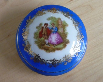 Vintage Limoges  Lidded Trinket Dish ~ France Goudeville Fragonard Young Lovers ~ Porcelain Hair Pin Holder ~ Made in France ~ Blue and Gold