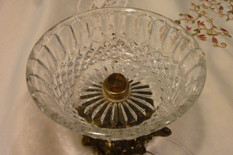 Trinket Dish Footed Antique Brass Tone Metal Glass Dish Vintage Jewelry Dish Ornate Metal Pedestal Base