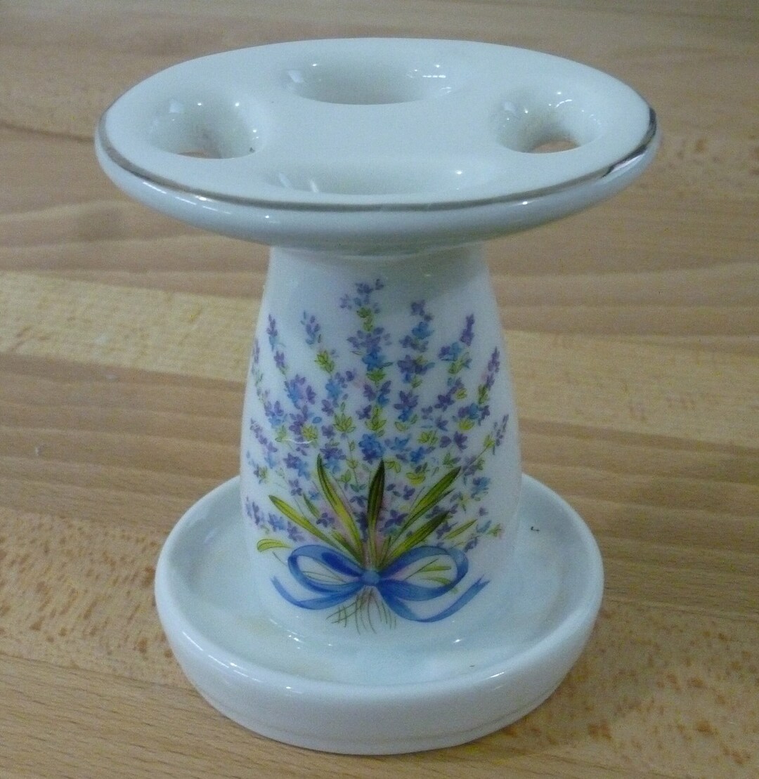 Vintage Toothbrush Holder Porcelain Bathroom Decor Blue Floral Bouquet 4 Brush Holder Etsy