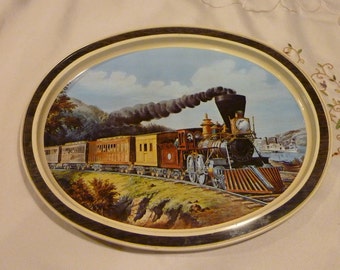 Vintage Metal Serving Tray  - Currier & Ives ~ American Express Train  - Sunshine Biscuits - Use to Serve or Decoration - Table Accent
