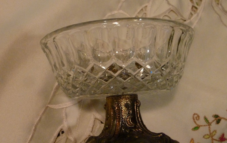 Trinket Dish Footed Antique Brass Tone Metal Glass Dish Vintage Jewelry Dish Ornate Metal Pedestal Base