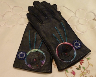 Vintage Women's Black Gloves - Ladies Faux Leather Hand Warmers ~ Fully Lined - Driving Gloves ~ Size 6