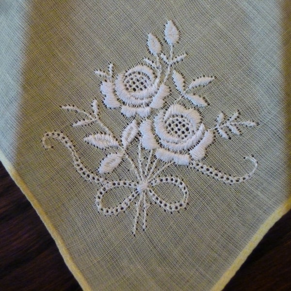 Vintage Lemon Yellow Cotton Handkerchief - Womens Handkerchief - Hand Embroidered Floral Design - Dainty Ladies Hanky - In Original Box