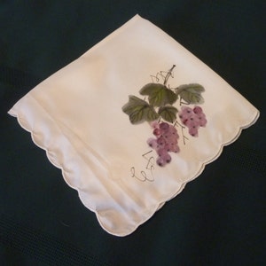 Vintage  Cotton Handkerchief - Womens Cream Coloured Handkerchief - Hand Painted  Grape Design- Dainty Ladies Hanky -