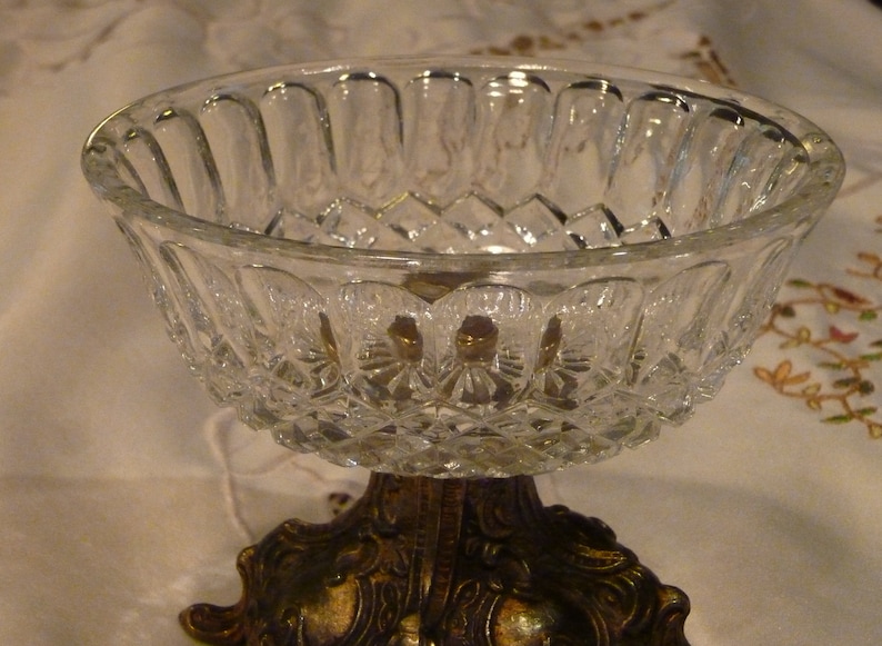 Trinket Dish Footed Antique Brass Tone Metal Glass Dish Vintage Jewelry Dish Ornate Metal Pedestal Base