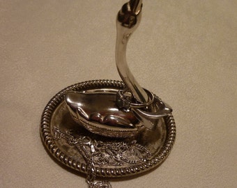 Vintage Ring Tree - Swan Jewelry Holder - Attached to Intricately Designed Tray - Silver Tone Swan- Great Accent for Dressing Table
