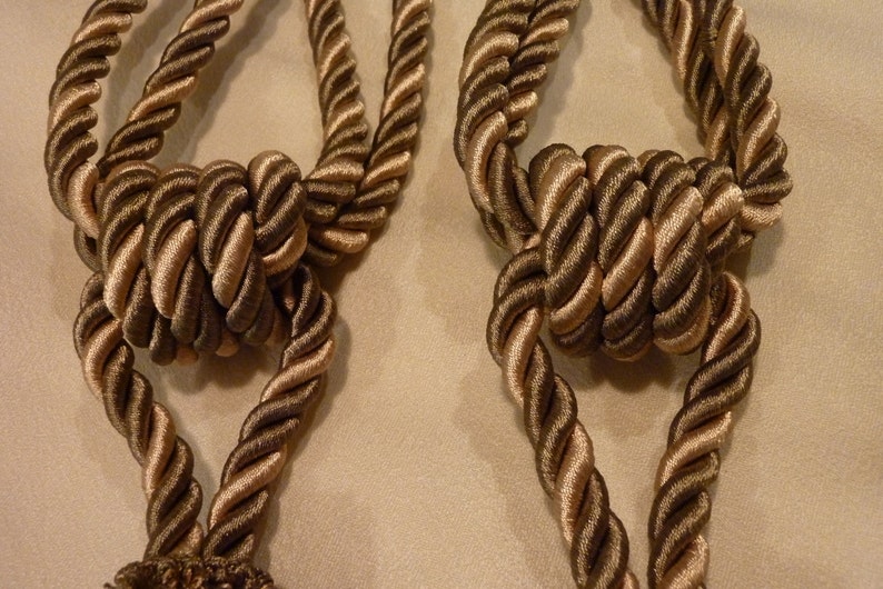 Luxurious Satin Braided Cord Drapery Accessory Cream and Sage Green Curtain Treatment Pair of Curtain Pull Backs Cording And Tassels