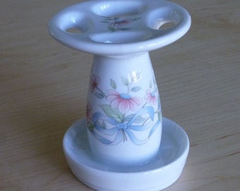 Vintage Toothbrush Holder  - Porcelain Bathroom Decor - Floral Decorated  - 4 Brush Holder