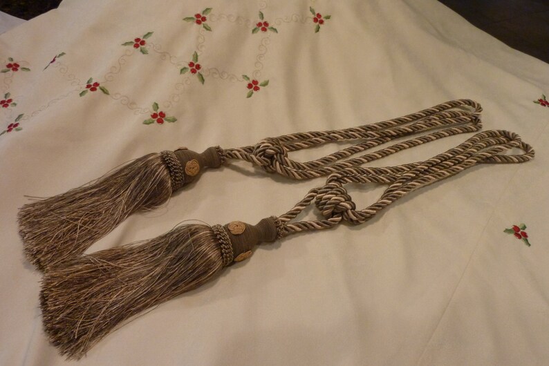 Luxurious Satin Braided Cord Drapery Accessory Cream and Sage Green Curtain Treatment Pair of Curtain Pull Backs Cording And Tassels