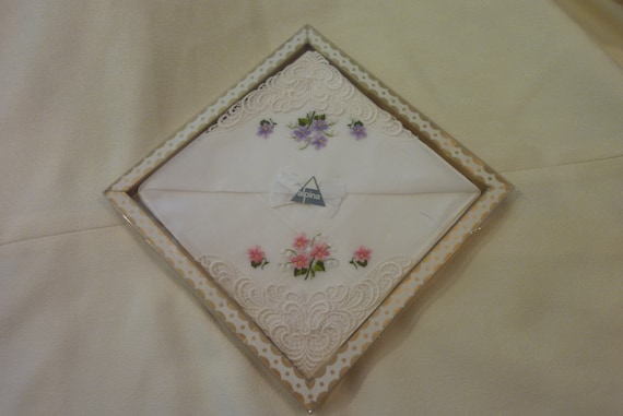 Two old handkerchiefs embroidered white cotton hands in their original box