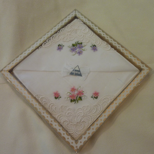 Vintage Muslin Cotton Handkerchief - Alpina Women Handkerchiefs -Hand Embroidered Floral Design- Dainty Ladies Hanky - Still in Original Box