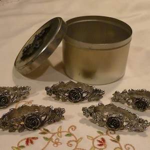 Vintage Pewter Napkins Rings - 5  Floral Design Napkin Holders ~ Special Occassion ~  Stamped 1987 ~ Storage Container