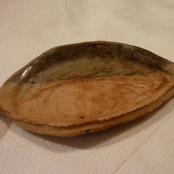 Vintage Soap Dish - Brown and Sage Green Pottery - Sink Side Dish - Washroom Accessory