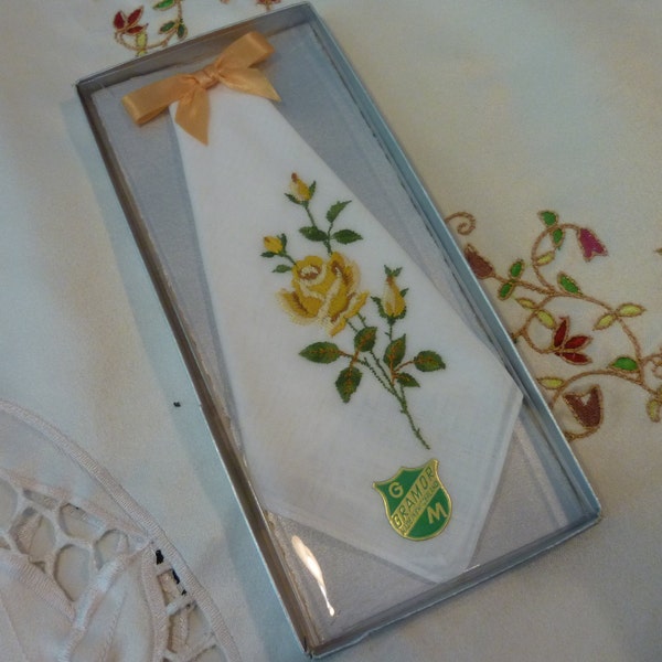 Vintage Muslin Cotton Handkerchief - Women Handkerchief - Hand Embroidered Floral Design- Dainty Ladies Hanky - Still in Original Box