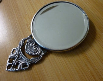 Vintage Denmark Hans Jensen Silver Plate Hand Mirror ~ Vanity Mirror ~ Village Scene ~ Purse Mirror