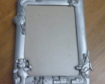 Vintage Children's Pewter Photo Frame - Seagull Pewter - 5 x 7"  Picture Frame - Toy Train, Plane, Hot Air Ballon