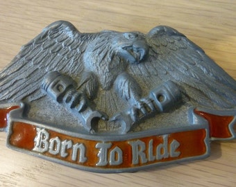 The Great American Belt Buckle - Vintage Belt Buckle - Pewter Tone Eagle  - Born to Ride  - Eagle Decorated