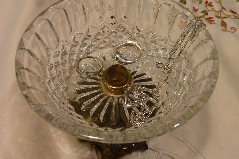 Trinket Dish Footed Antique Brass Tone Metal Glass Dish Vintage Jewelry Dish Ornate Metal Pedestal Base