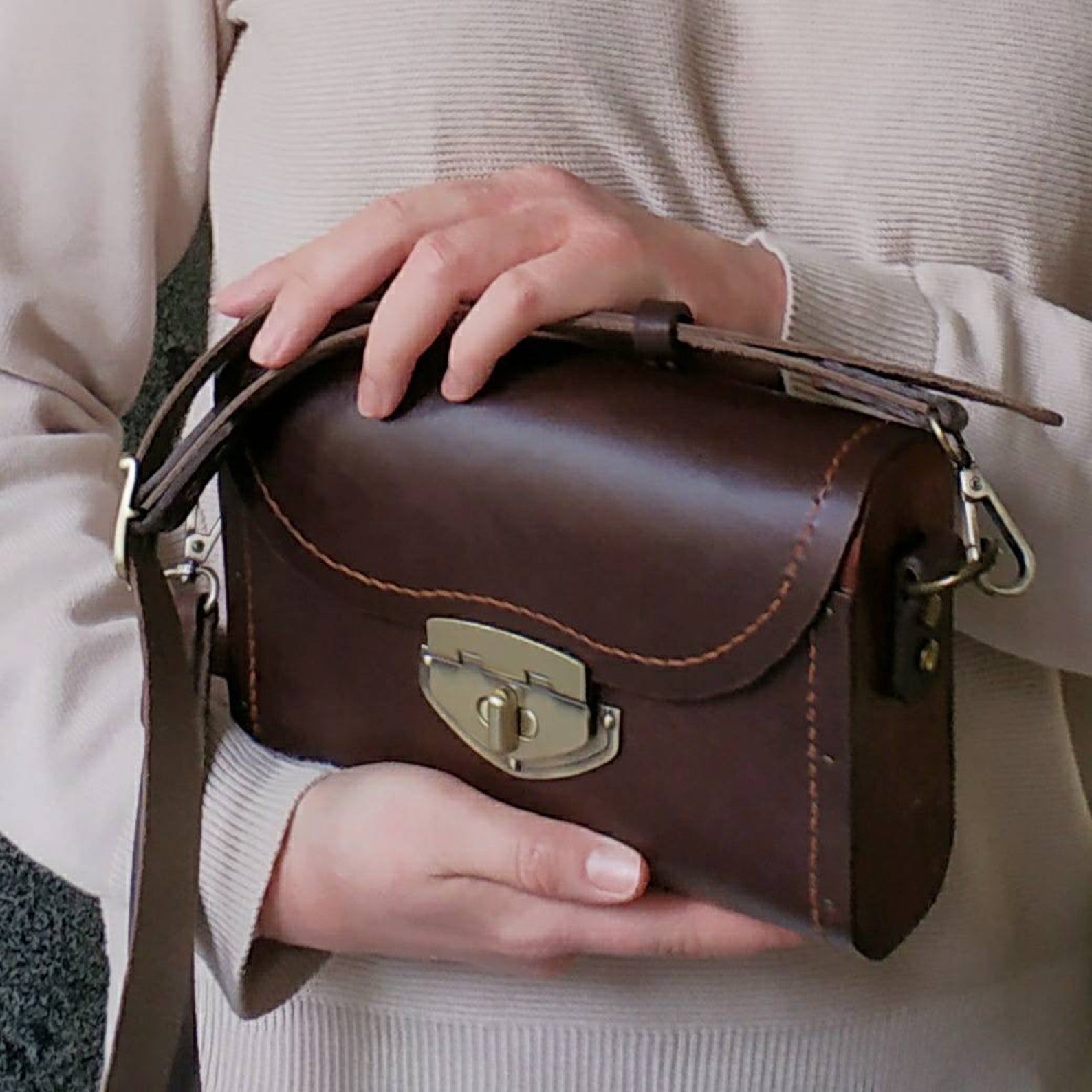 Small messenger bag Wood leather Everyday Crossbody Handbag Etsy