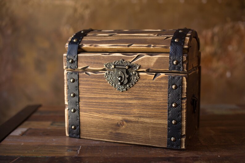 Wooden Chest Pirate Wood Box Treasure Chests Storage Trunk With Lid Jewelry Rustic Living Kids Room