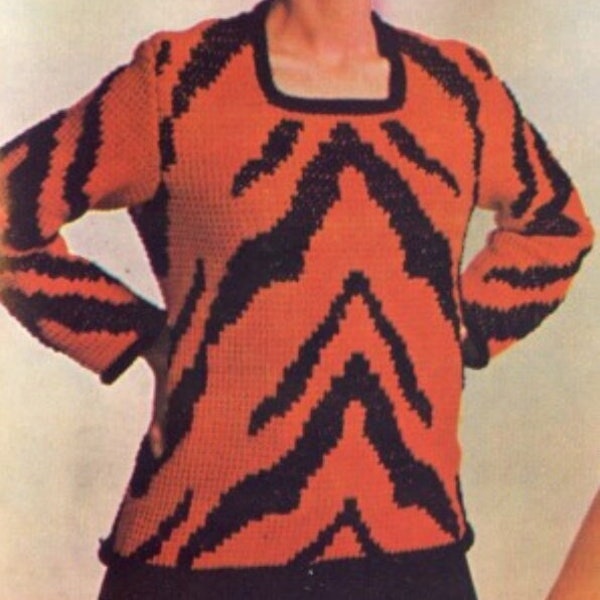 Pull tigre des années 1970 au crochet, motif au crochet, pull animal sauvage, motif au crochet PDF à téléchargement immédiat