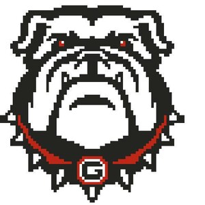 May include: Pixelated image of a bulldog's head, rendered in black and white with red accents. The dog has a stern expression, red eyes, and a red collar with a white and red "G" emblem. The design is blocky and graphic.