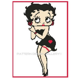 May include: A cartoon illustration of a woman with black hair and a red heart on her black dress. The woman is wearing red earrings and red lipstick. The text "PATTERN DESIGN GALLERY" is at the bottom of the image.
