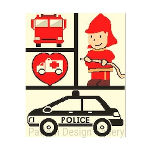 May include: A pixelated illustration featuring a red fire truck, a firefighter holding a hose, an ambulance inside a red heart, and a black and white police car with the word "POLICE". The image has a cream-colored background.