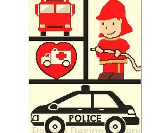 Auto della polizia Ambulanza Camion dei pompieri Graphgan Schema all'uncinetto afgano Primi soccorritori Grafico Schema all'uncinetto afgano PDF Download immediato