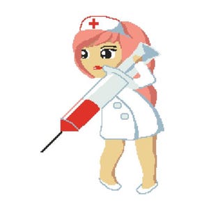 May include: A pixelated illustration of a nurse holding a large syringe. The nurse wears a white uniform, a cap with a red cross, and has pink hair. The syringe is white and red.
