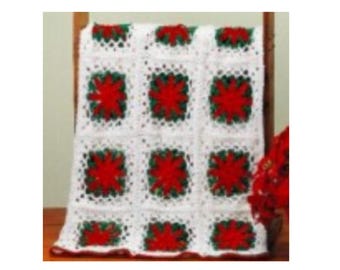 Patrón de crochet afgano navideño con diseño de abuela y flores de Pascua. Descarga instantánea en PDF.