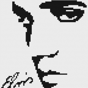 May include: A black and white pixel art depiction of a face, featuring an eye, eyebrow, nose, mouth, and a signature. The image is constructed from black squares on a white backdrop, giving a mosaic appearance. The style is minimalist.
