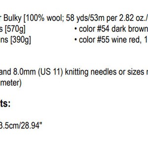 May include: A text-based knitting pattern guide listing Pierrot Yarns Nordic Super Bulky wool in ivory, dark brown, greige, and wine red. It specifies 6.6mm and 8.0mm knitting needles, 30mm buttons, and finished chest, sleeve, and length measurements.
