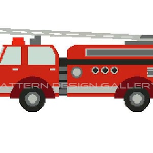 May include: A red fire truck with a ladder on top. The truck has black wheels and a white stripe along the bottom.