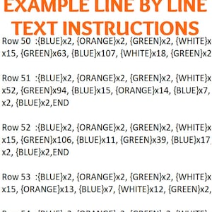 Puede incluir: Instrucciones de texto para un proyecto de manualidades, que muestran la cantidad de cuentas azules, naranjas, verdes y blancas que se deben usar en cada fila. Fila 50: 2 azules, 2 naranjas, 2 verdes, 15 blancas, 63 verdes, 107 azules, 18 blancas, 2 verdes. Fila 51: 2 azules, 2 naranjas, 2 verdes, 52 blancas, 94 verdes, 15 azules, 14 naranjas, 7 azules, 2 azules, fin. Fila 52: 2 azules, 2 naranjas, 2 verdes, 15 blancas, 106 verdes, 11 azules, 39 verdes, 17 azules, 2 azules, fin. Fila 53: 2 azules, 2 naranjas, 2 verdes, 15 blancas, 13 naranjas, 7 azules, 12 blancas, 2 verdes. Fila 54: 2 azules, 2 naranjas, 2 verdes, 15 blancas.
