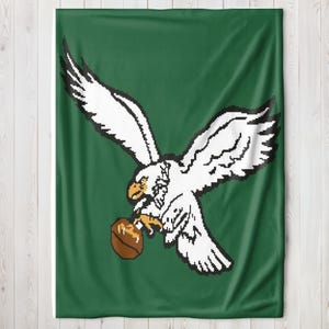 May include: A green and white sports team logo featuring a white eagle with a football in its talons. The eagle is flying with its wings spread wide. The background is a solid green colour.