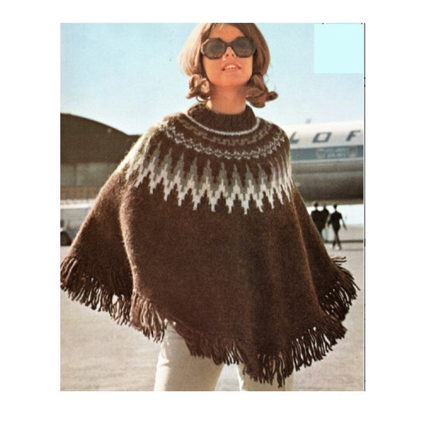 Fair Isle Poncho Knitting Pattern Icelandic Poncho with Fringe Knitting Pattern PDF Instant Download