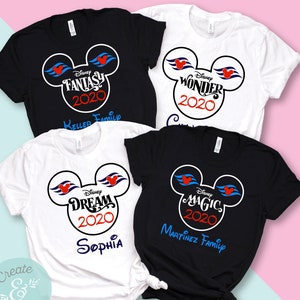 May include: Four white and black t-shirts with a Mickey Mouse head design. Each shirt has a different Disney cruise ship name: Disney Fantasy, Disney Wonder, Disney Dream, and Disney Magic. The shirts also include the year 2020 and a family name.
