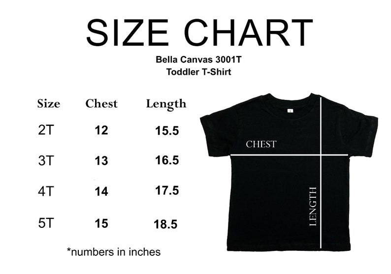 以下が含まれることがあります： ベラキャンバス3001T幼児用Tシャツのサイズチャート。チャートは、2T、3T、4T、5Tのサイズに対応する胸囲と着丈をインチで示しています。