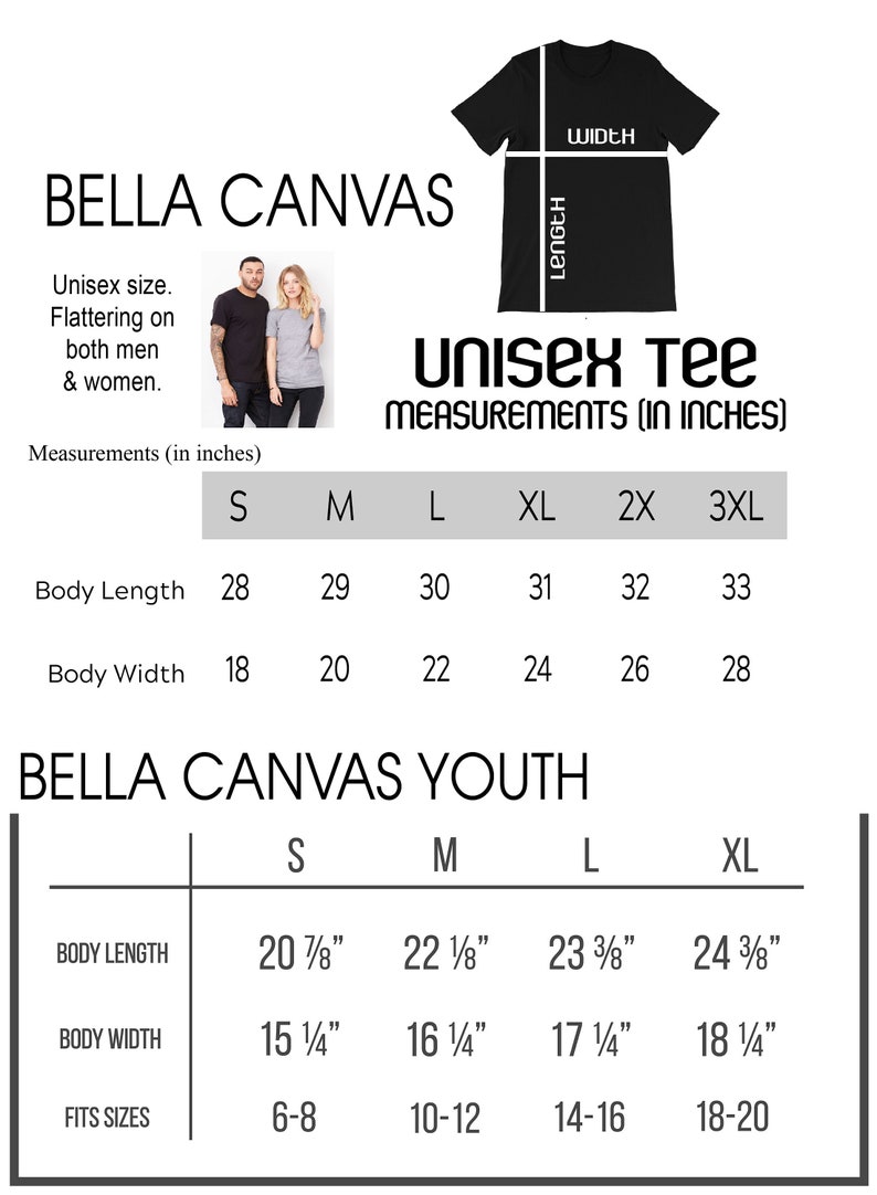 Puede incluir: Gr&aacute;fico que muestra las medidas de las camisetas unisex y juveniles Bella Canvas. La imagen incluye medidas de largo y ancho del cuerpo en cent&iacute;metros para las tallas S a 3XL para camisetas unisex y S a XL para j&oacute;venes.