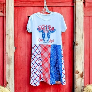 May include: White t-shirt dress with a cow graphic and the text "Sorry Did I Roll My Eyes Out Loud". The dress has a patchwork skirt with red, white, and blue plaid and paisley patterns.