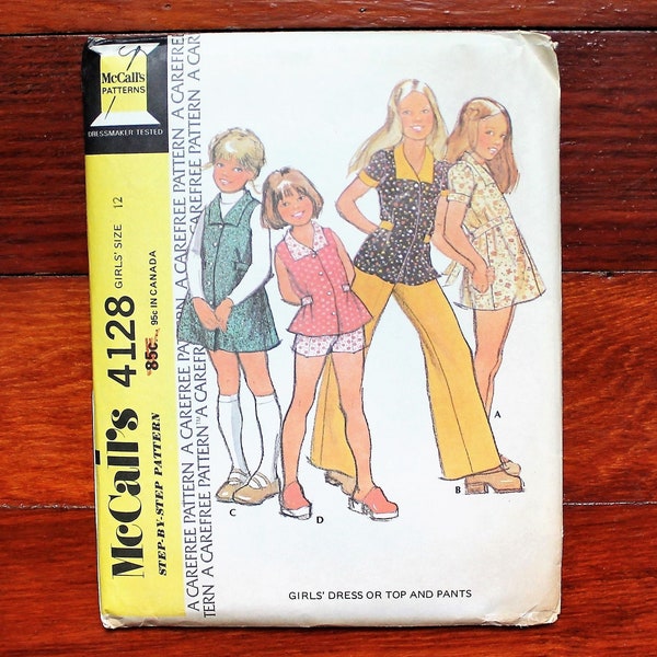 McCalls 4128 - Girls Button Up Dress - Top - High Waisted Shorts - UNCUT - 70's Vintage Sewing Pattern