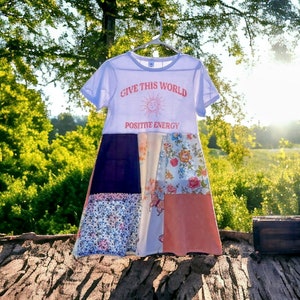 Upcycled Tee Dress - Positive Energy - Floral Cotton - Butterfly - Patchwork - Boho - Hippie - S M