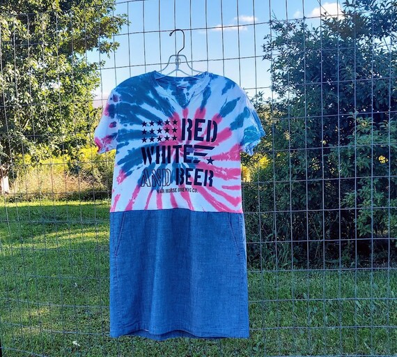 beer t shirt dress Upcycled Tee Dress - Red White and Beer - Tie Dyed