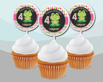 Decoration Personalized Custom Little Preppy Leap Frog Chalkboard Girl Pink Green Plastic Cupcake Picks Signs Birthday Baby Shower Party