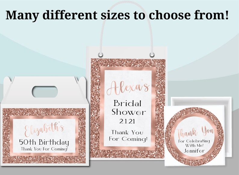Luxury Rose Gold Glam Glitter Any Years 40 50 60 70 Birthday Baby Bridal Shower Party Gift Bag Labels Gable Box Stickers Favor Supplies