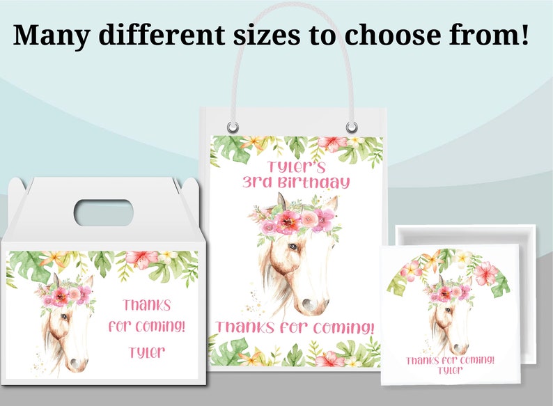 Gable Box Stickers Beautiful Personalized Pink Horse With Flower Floral Watercolor |Gift Bag Labels Birthday Party Favor Supplies