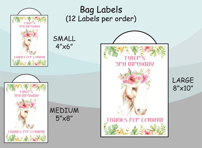 Gable Box Stickers Beautiful Personalized Pink Horse With Flower Floral Watercolor |Gift Bag Labels Birthday Party Favor Supplies