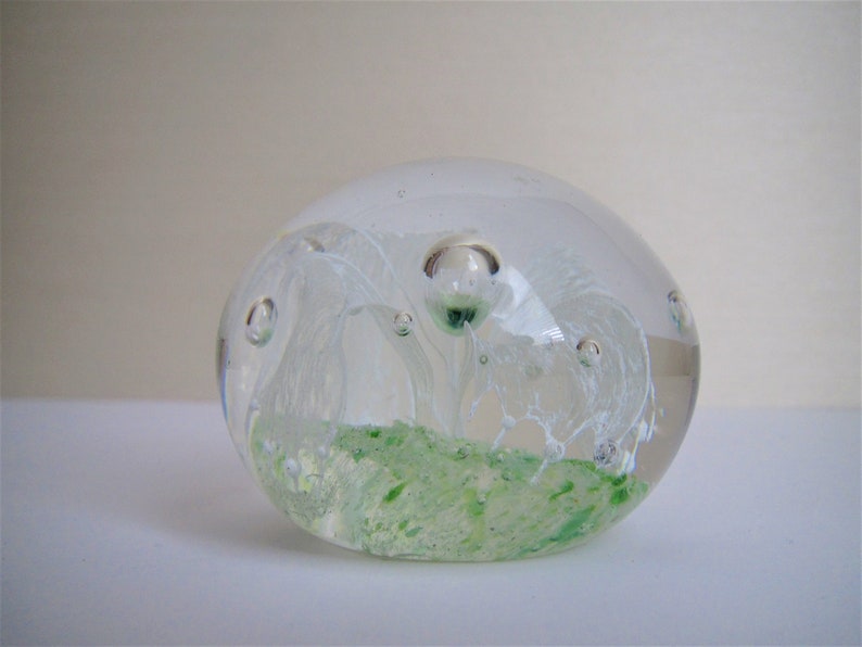 Controlled Bubble Green White Glass Paperweight image 2