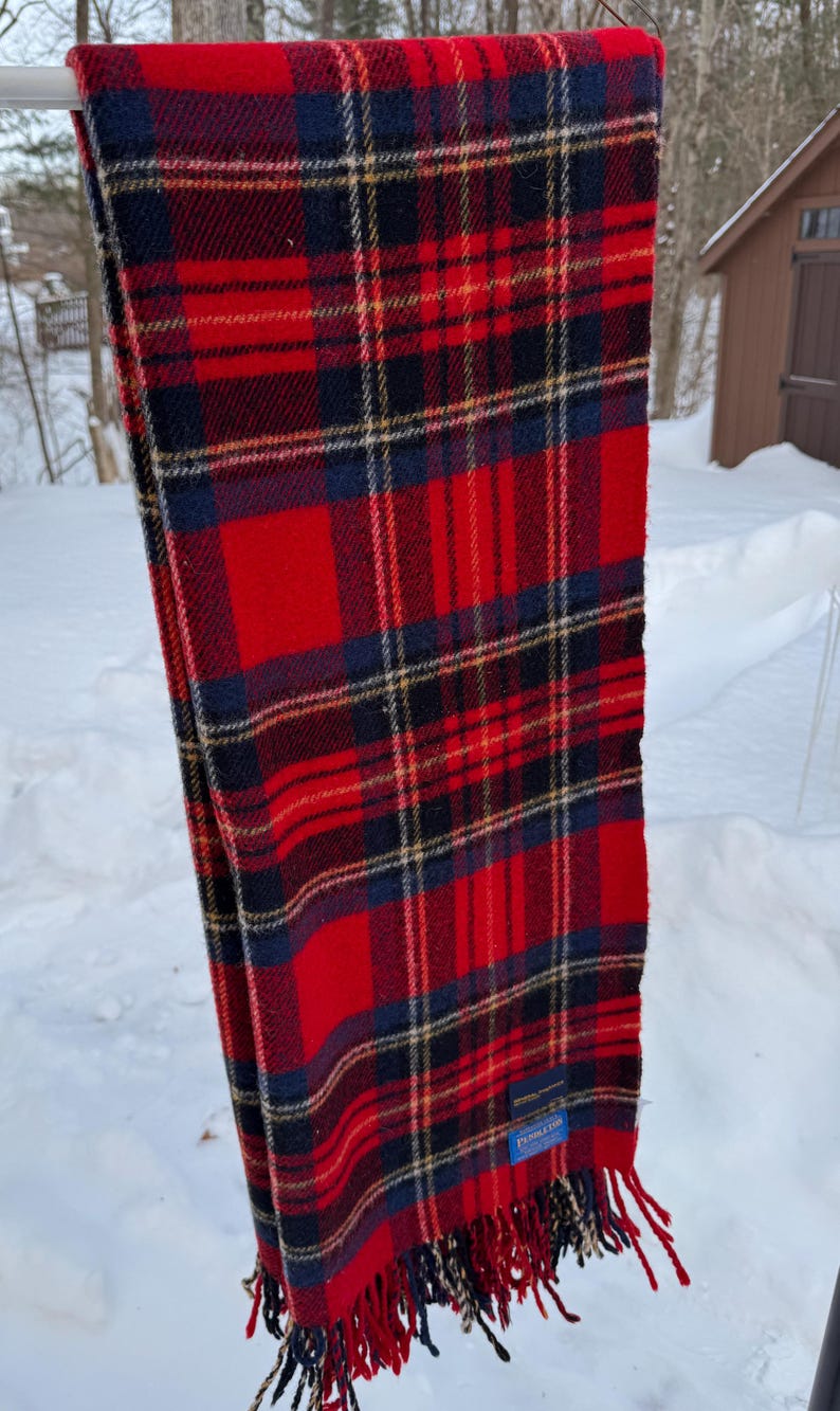 May include: A red, black, and navy plaid scarf with fringed edges. The scarf is hanging outside in the snow. The scarf has a tag that reads "Pendleton".